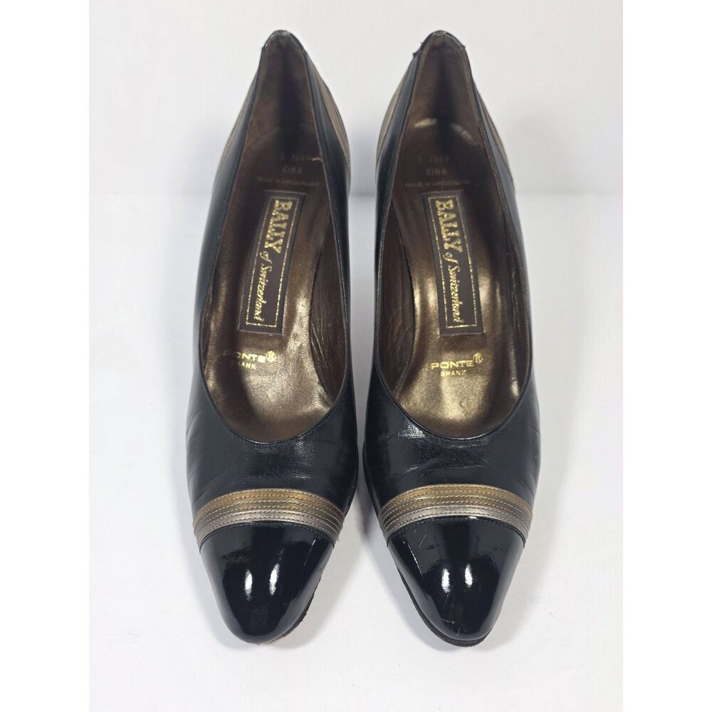 Vintage 80s Bally of Switzerland Black Leather Heels Pumps Metallic Stripe 8N